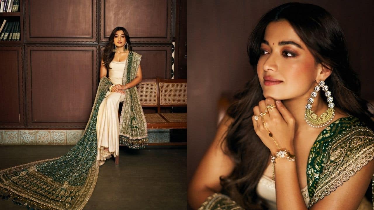 Rashmika Mandanna looks regal in ivory and green sharara for Diwali, gives modern-day Maharani feel
