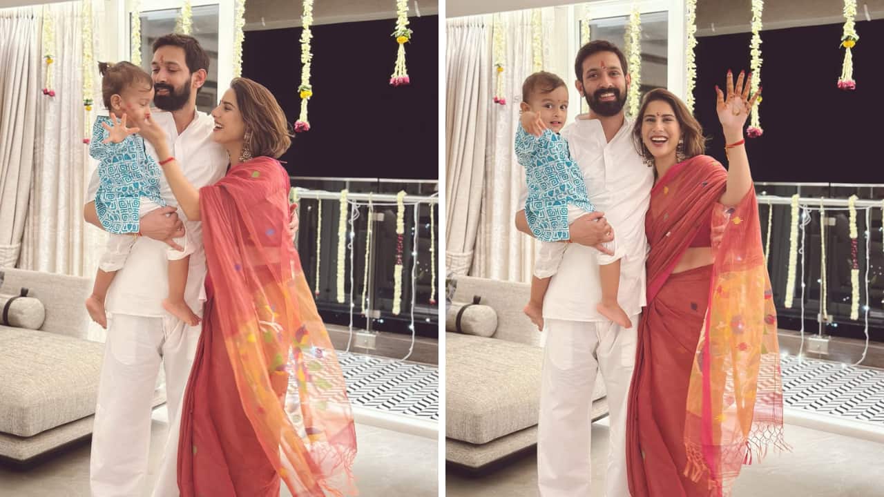 Vikrant Massey and Sheetal Thakur celebrate Diwali together with their child Vardaan. With marigold garlands and festive lights adorning their balcony, the couple looks stunning as they wave and smile. A sweet family moment filled with warmth and laughter is captured as Vikrant holds Vardaan tenderly while Sheetal reaches out playfully.