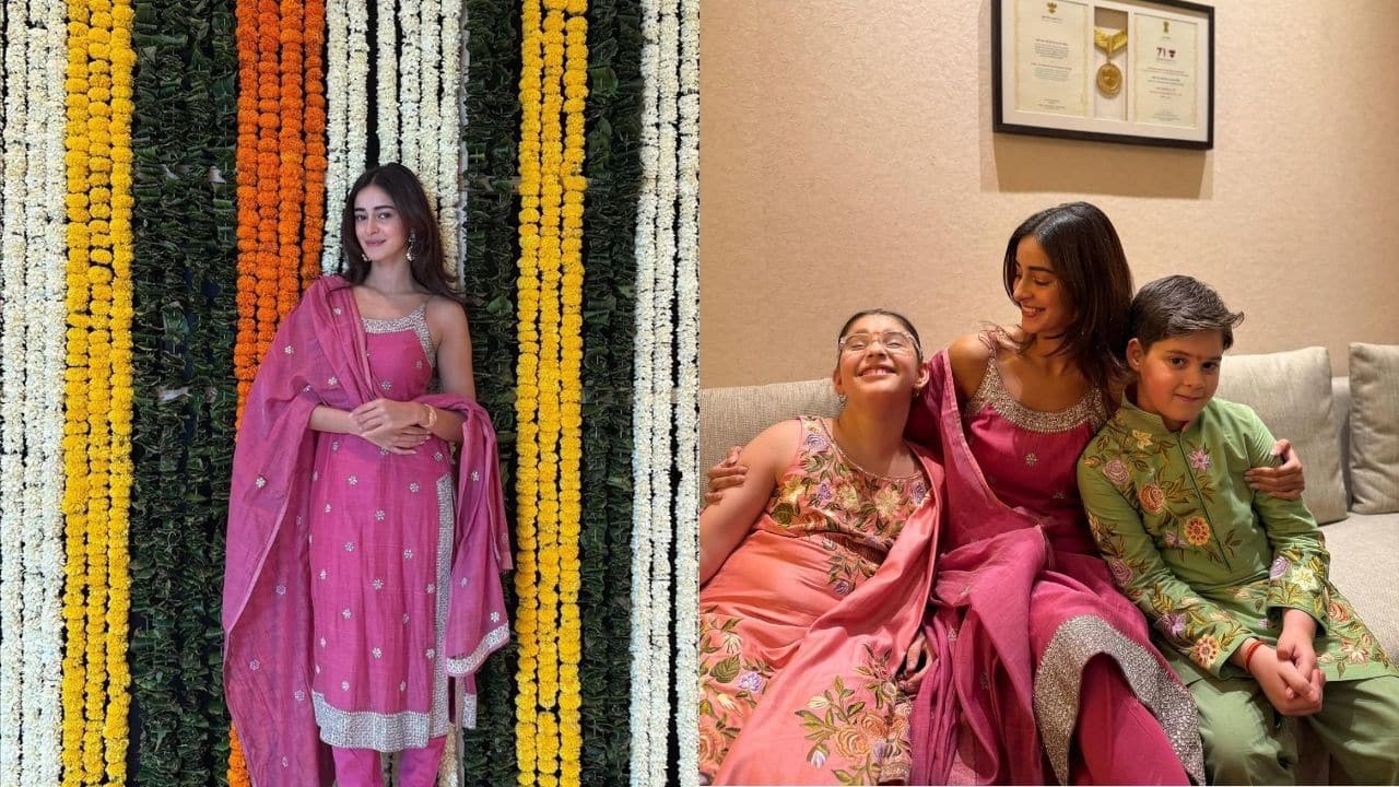 Ananya Panday is seen celebrating Diwali wearing a lovely pink suit with embellishments that belonged to her mother, Bhavana Pandey, almost 20 years ago.  Ananya is also seen having a lovely moment with Karan Johar's twins, Yash and Roohi, who are all beaming with happiness and wearing festive attire.