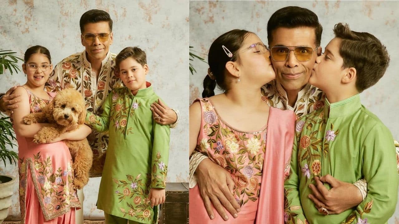 Karan Johar wished Diwali with his twins, Yash and Roohi, and their cute pet dog. The trio exudes warmth and joy while wearing coordinated festive attire, with Roohi in pink, Yash in green, and Karan in a kurta embroidered with flowers.  Yash and Roohi also kissed their father on the cheeks.