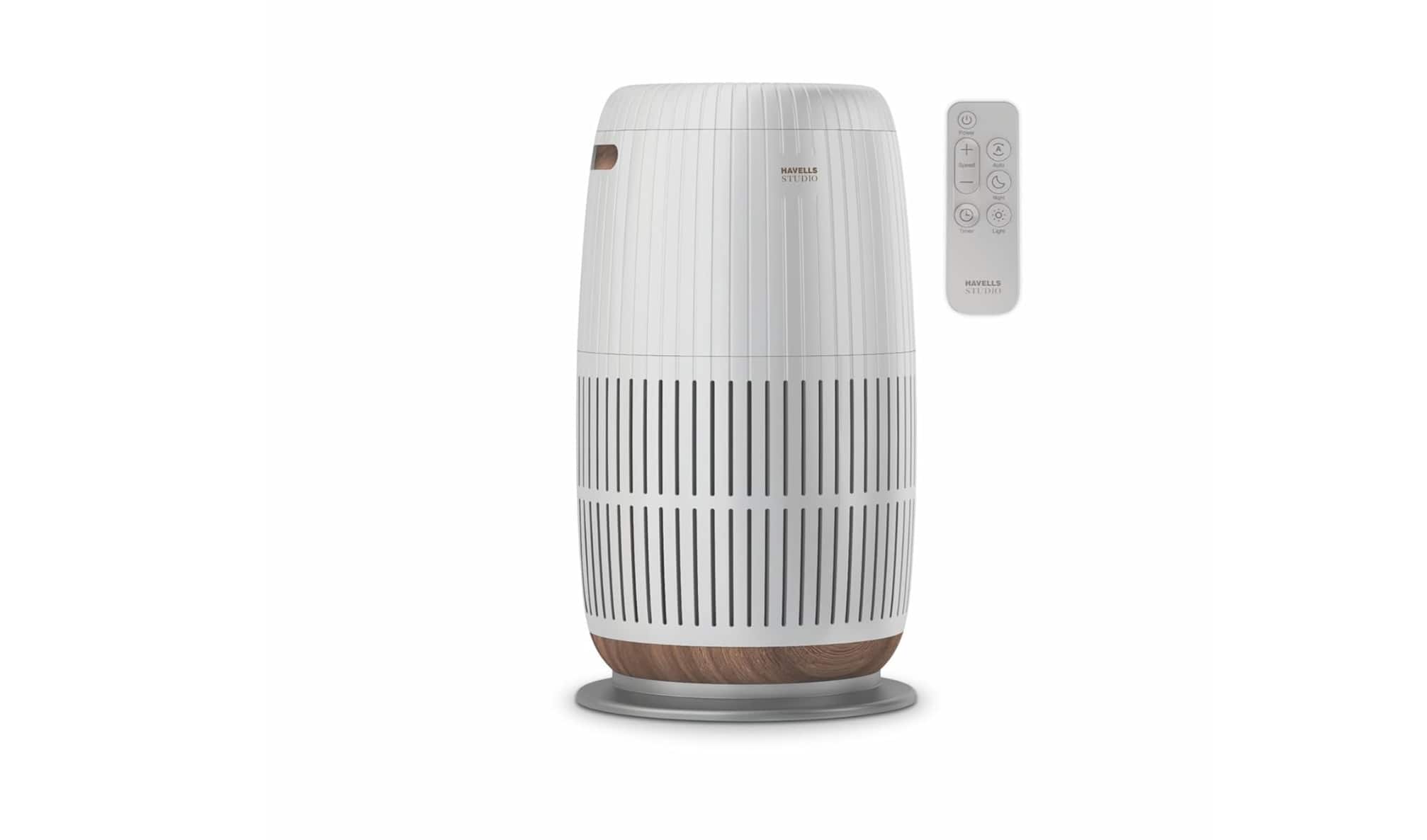 Havells Studio New Launch — Rs 18,999 (42% off)  Title mentions AQI display, remote control, Wi-Fi app and voice control, H14 HEPA, 6-stage 360° filtration and 377 sq.ft coverage. Coupon of Rs 4,000 is shown.