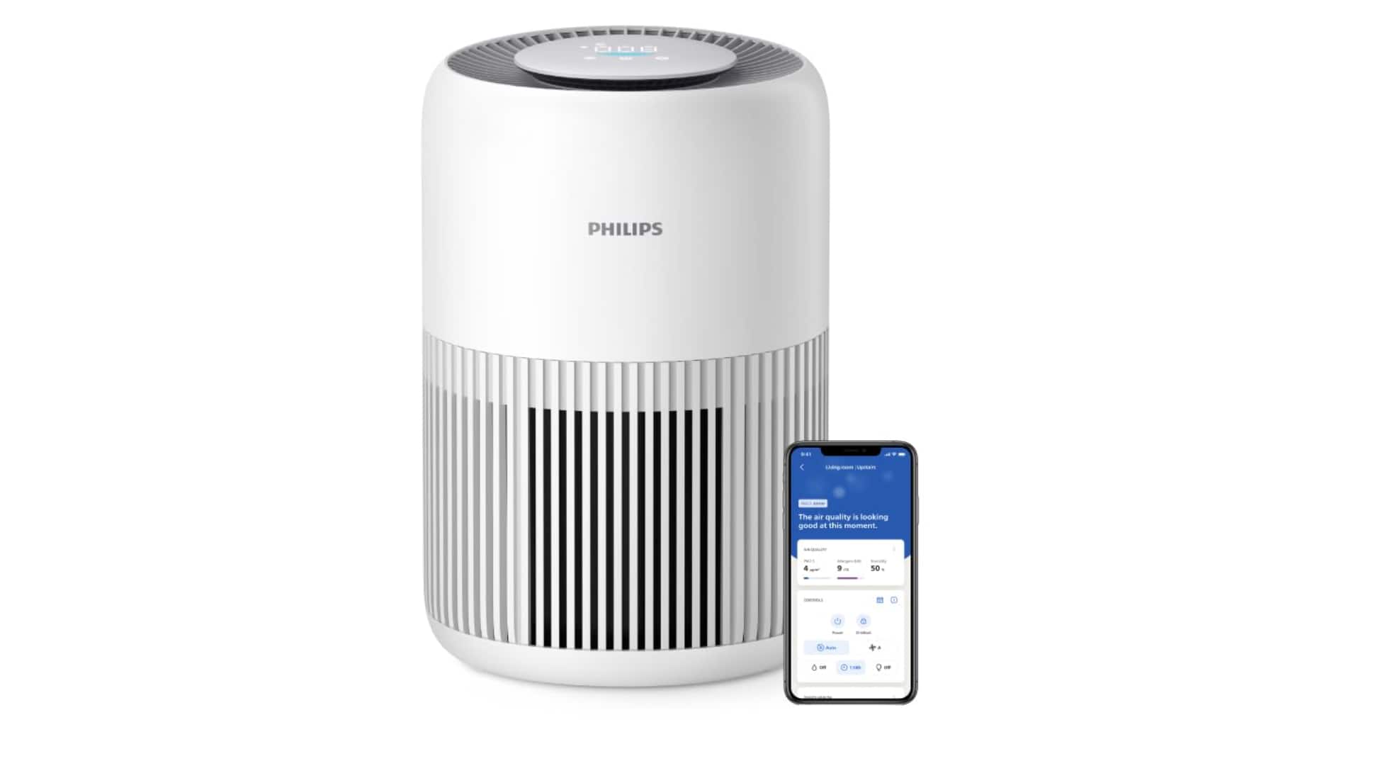 Philips AC0950 Smart Wi-Fi — Rs 9,440 (21% off)  Title says covers up to 300 sq.ft (30m²) with CADR 250 m³/h, HEPA with active carbon, real-time AQI display and scheduler via Air+ app. EMI at Rs 1,573/month for 6 months.