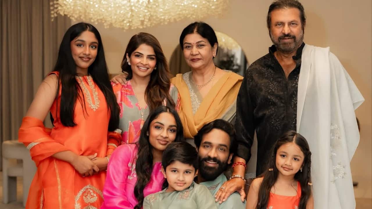 Vishnu Manchu celebrates Diwali 2025 with dad Mohan Babu, wife Viranica, and kids, see pics
