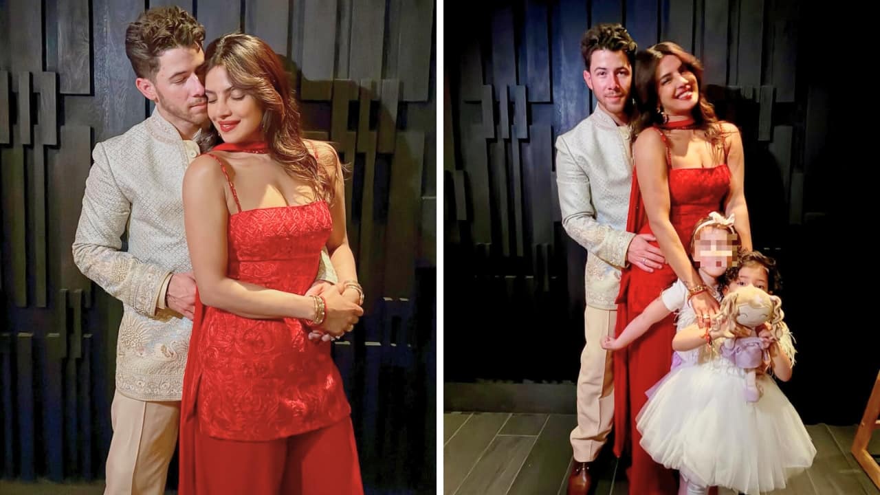 Priyanka Chopra and Nick Jonas Big on Diwali, Priyanka opted for a striking rose-red suit that looked modern with its short shirt with straps and flared bottom. Husband Nick Jonas complemented her in a short jacket-style kurta in a powder blue hue, paired with beige pants. (Image: Instagram)