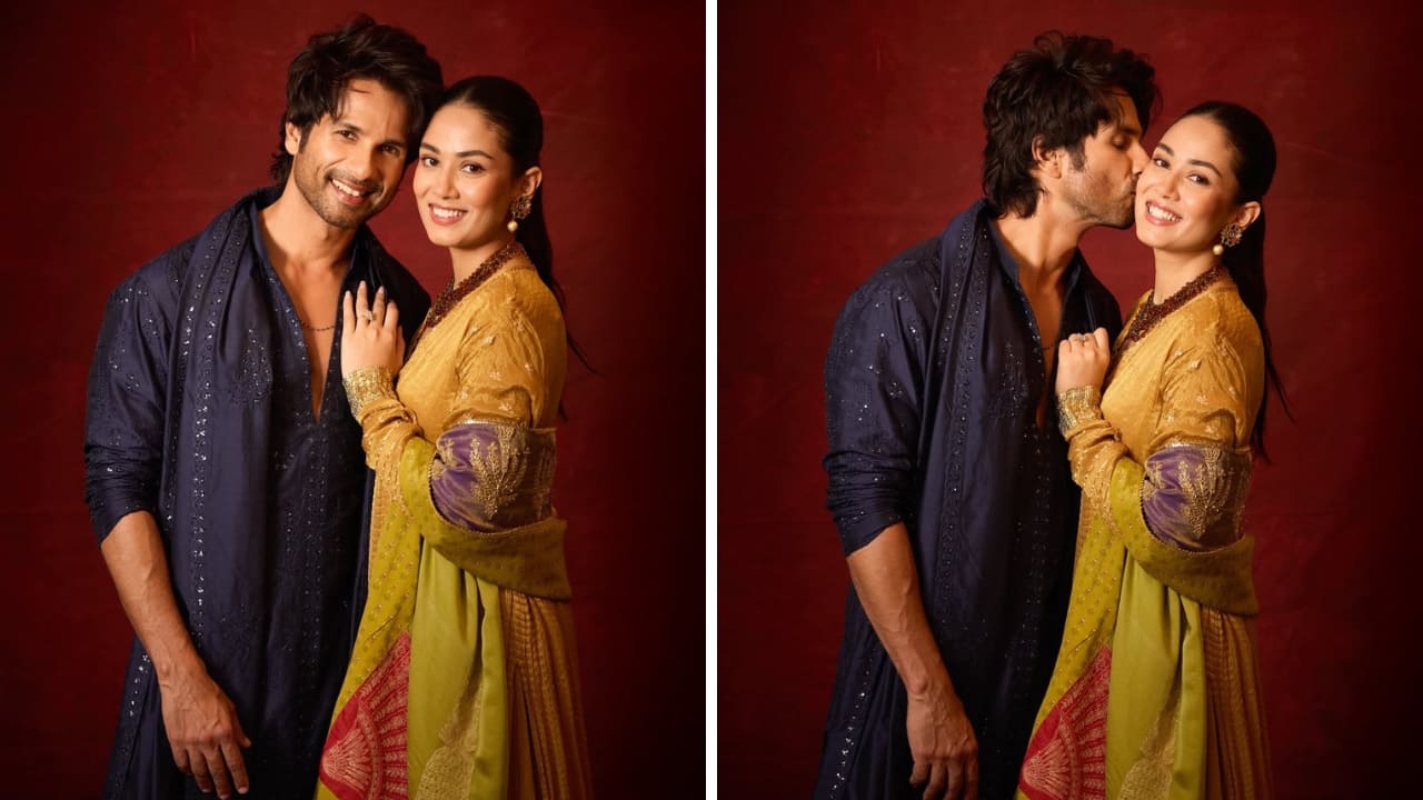 Mira Rajput and Shahid Kapoor Shahid looked handsome in a navy blue kurta set, lightly embroidered with sequins and paired with a stole. Mira added a dose of sunshine with her yellow outfit featuring a broad gold lappa on the hem, elevated with colourful jewellery. (Image: Instagram)