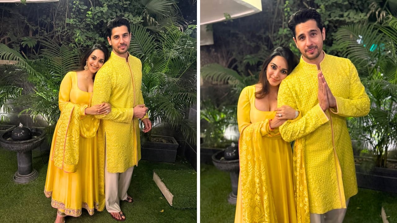Kiara Advani and Sidharth Malhotra The couple twinned in yellow outfits, much to the delight of their fans. Kiara wore a festive yellow suit with a matching chikankari dupatta, while Sidharth looked dapper in a chikankari kurta paired with white pants. They looked radiant as new parents. (Image: Instagram)