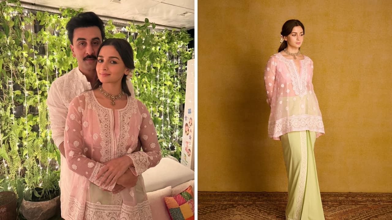 Alia Bhatt and Ranbir Kapoor The duo opted for serene hues to celebrate Diwali. Alia looked pretty in a hand-embroidered kalidar kurta with real Swarovski crystals, paired with a lungi-inspired sarong. Meanwhile, Ranbir wore an off-white kurta complementing Alia, featuring appliqué hand-embroidery in floral motifs and delicate resham work. (Image: Instagram)