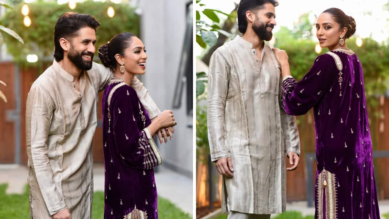 Sobhita Dhulipala and Naga Chaitanya Sobhita celebrated her first Diwali in a plum silk velvet kaftan with a plunging neckline. Modern yet traditional, just the way she is, her intricately embroidered outfit complemented husband Naga Chaitanya’s earthy-toned kurta. (Image: Instagram)