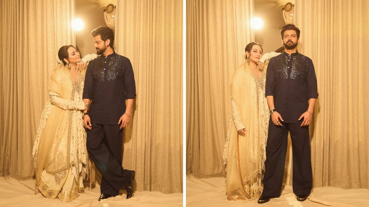 Sonakshi Sinha and Zaheer Iqbal The couple looked stunning together in traditional Diwali ensembles. Sonakshi personified opulence in an off-white Anarkali with sharara, while Zaheer wore a black kurta set with glittering details. (Image: Instagram)