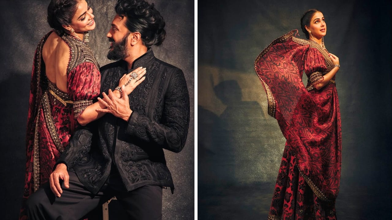 Genelia D’Souza and Riteish Deshmukh Both set new standards for couple goals with their impeccable styling of traditional outfits. Genelia rocked a red printed saree with intricate work, while Riteish looked dashing in a bandhgala jacket set. (Image: Instagram)