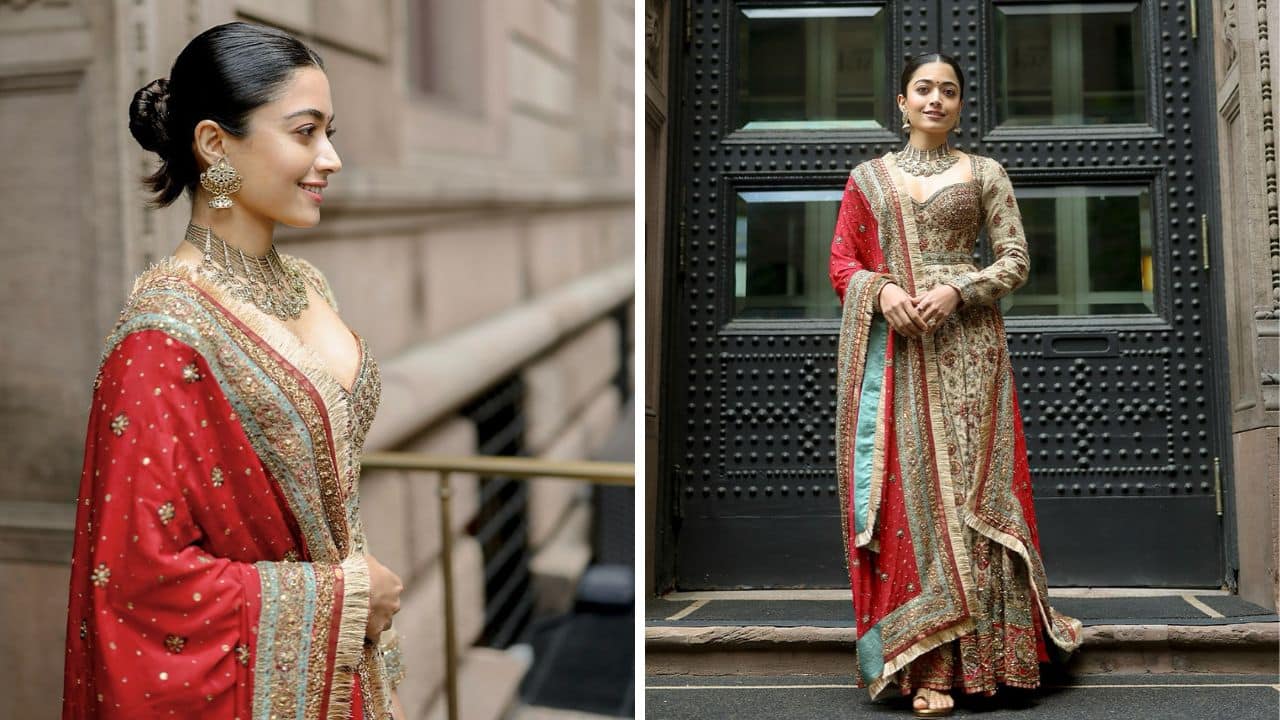 Channelling Kalidar charm Kalidar suits are all the rage these days, and Rashmika wears one that fits her beautifully, paired with a traditionally embroidered chinnon dupatta. The ensemble’s beauty is accentuated with statement jewellery, and the sunglasses look trendy too. (Image: Instagram)