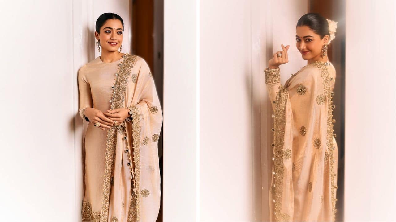 Golden hour ready The actress embraces quiet glamour in a gold tissue and muted beige-gold mirror set by Arpita Mehta. The ensemble is delicately hand-embroidered with Kasab and cutdana and paired with a classic churidar. (Image: Instagram)