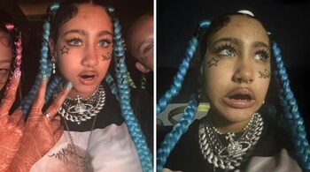 Kim Kardashian and Kanye West’s daughter North West is turning heads with her daring new look featuring faux face tattoos, blue contacts, and a fake septum piercing. While some fans praise her confidence, others say it’s too mature for her age. (Image: northwsst/ instagram)