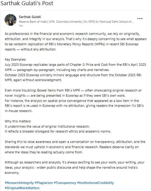 Reserve Bank of India, State Bank of India, LinkeIn, economy news, RBI, SBI, economists, plagiarism