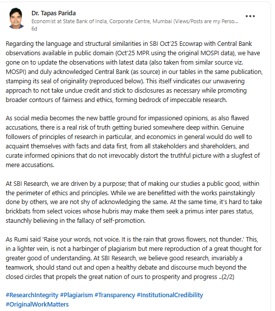 Reserve Bank of India, State Bank of India, LinkeIn, economy news, RBI, SBI, economists, plagiarism