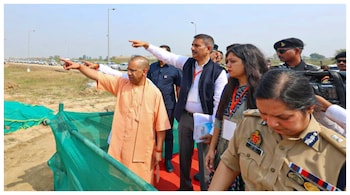 Uttar Pradesh CM Yogi Adityanath inspecting the newly constructed Noida International Airport, at Jewar. (Courtesy: PTI photo)