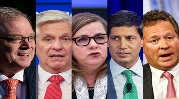Kevin Hassett, Chris Waller, Michelle Bowman, Kevin Warsh and Rick Rieder (L to R)