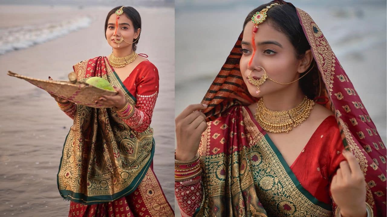 Manisha Rani After competing on Bigg Boss OTT 2 and then Jhalak Dikhhla Jaa, Manisha Rani became quite famous. She posted pictures of her Chhath Puja festivities, which went viral on social media. The digital celebrity shared a gorgeous collection of images on Instagram, showing off her elegance and tradition while wearing a colourful Banarasi sari. Traditional jewellery, vibrant bangles, a maang tikka, and a striking streak of sindoor that ran from her nose to her forehead, evoking the look of a married bride, completed her ensemble.