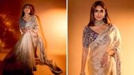 <strong>Shining glory</strong><br />Mrunal looks beautiful in a gold tissue saree with scalloped borders paired with a silk blouse adorned with resham and maal embroidery. Her jewellery, including an elegant choker, makes the whole look a glamorous affair.