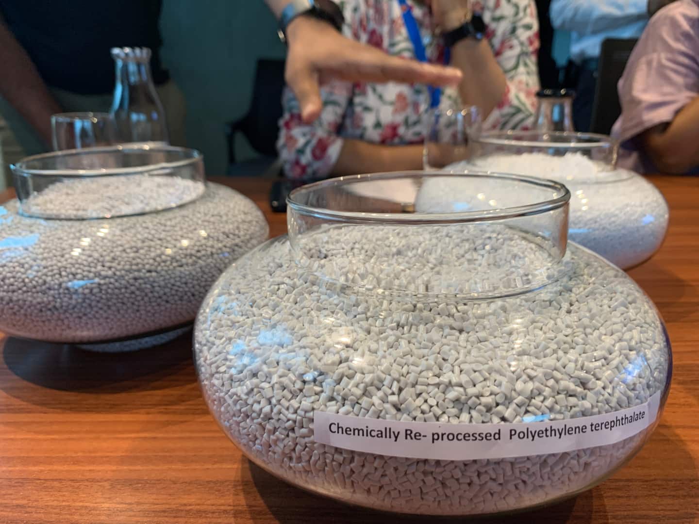 A product manager at Great Galleon in Indore explains the differences between mechanically processed and chemically processed PET versus virgin PET. (Image: Moneycontrol)