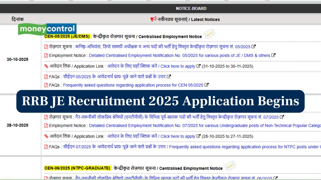 RRB JE Recruitment 2025: Application begins for 2569 vacancies; check link to apply here