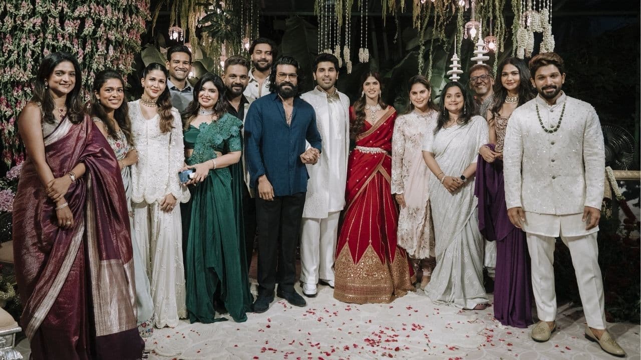 Allu Arjun, Chiranjeevi, and Ram Charan attend Allu Sirish and Nayanika’s engagement in Hyderabad, see pics
