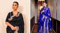 <strong>Manisha Koirala in Banarasi ensembles</strong><br />Manisha Koirala sports stunning new-age pieces crafted in Varanasi silk brocade by Raw Mango. Her midnight blue saree with scalloped borders is as stunning as the sharara set in electric blue. Both ensembles look sparkling for the wedding season.