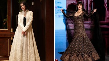 Sushmita Sen radiates elegance in Rohit Bal’s ivory silk jacket paired with statement jewels at a jewellery brand event in Doha. (Image: sushmitasen47/ Instagram)