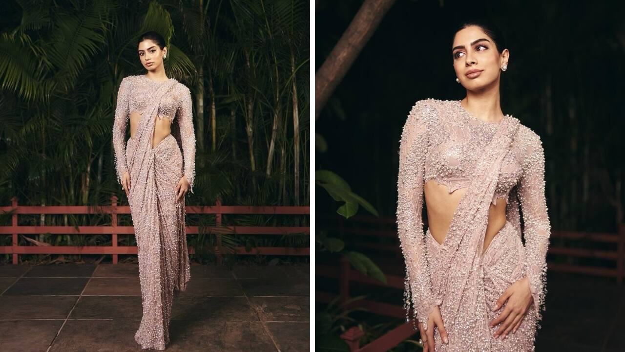 <strong>Khushi Kapoor</strong><br />Love all things vintage? Khushi Kapoor is all for glamour in a blue-toned vintage lace hand-embroidered saree by Manish Malhotra. What’s more? It has crystal and pearl detailing, making it a dazzling affair. The blouse design makes it even better. (Image: Instagram)