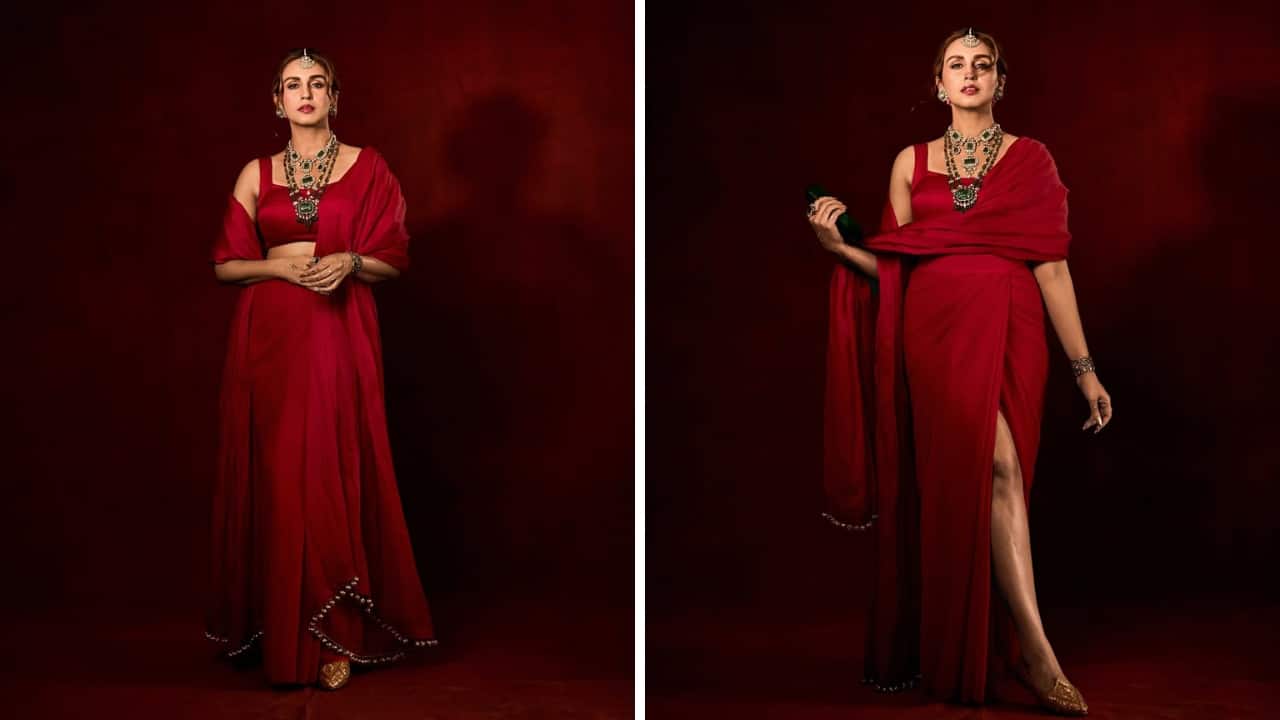 <strong>Huma Qureshi</strong><br />Heard of a sarong-style saree? Huma Qureshi dons one in a solid red shade designed by Abu Jani Sandeep Khosla. It’s just perfect for those who love to go bold yet stay comfortable. Her ensemble includes a quilted blouse and a pre-draped sarong embellished along the hem. (Image: Instagram)