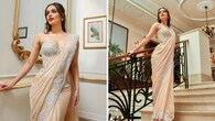 <strong>Manushi Chhillar</strong><br />The beauty queen stands out in a petal-soft chiffon saree by Mishru that is hand-embroidered with wildflowers. The ivory embroidery on the peach pre-stitched drape is quite elegant. It’s paired with an equally beautiful structured corset featuring a plunging neckline. (Image: Instagram)