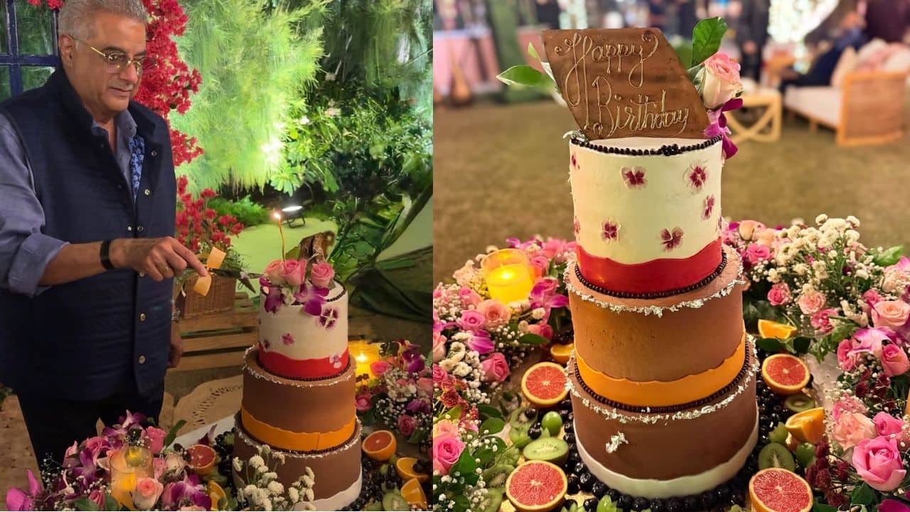 Boney Kapoor is seen joyfully cutting a gorgeous multi-tiered cake adorned with flowers, fruits, and candles in these pictures from his 70th birthday celebration. The sophisticated cake complements the festive floral arrangement around it, and it is topped with a golden 