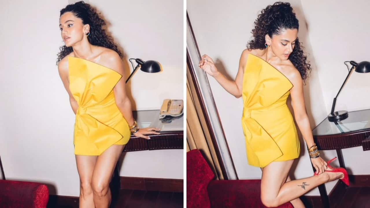 Taapsee pairs a chic yellow mini dress with fiery red shoes; the colour play is unmissable