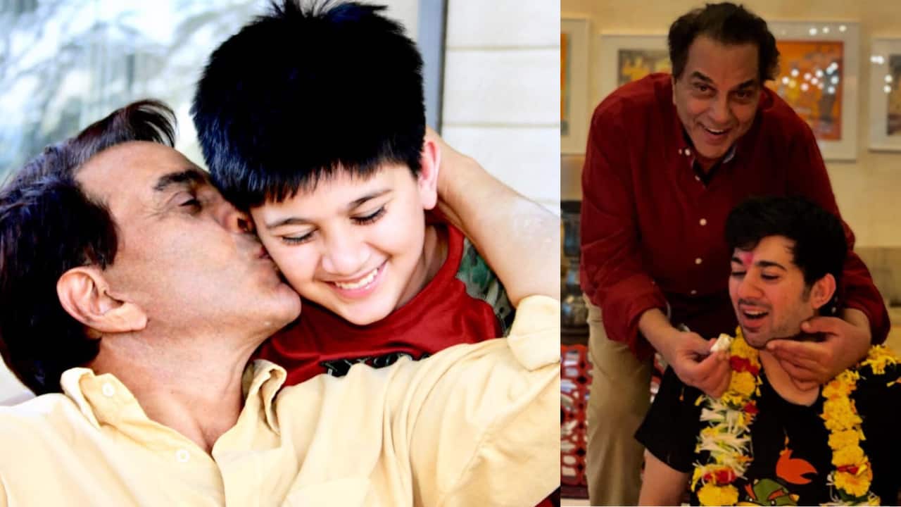 <strong>With grandson Karan Deol</strong><br />Dharmendra beams with pride for his grandson, Karan Deol, representing the third generation of Deols in cinema. Special family occasions like Karan's wedding Sangeet, where the veteran actor's happiness is evident, are frequently shared on social media. The veteran actor celebrated his 