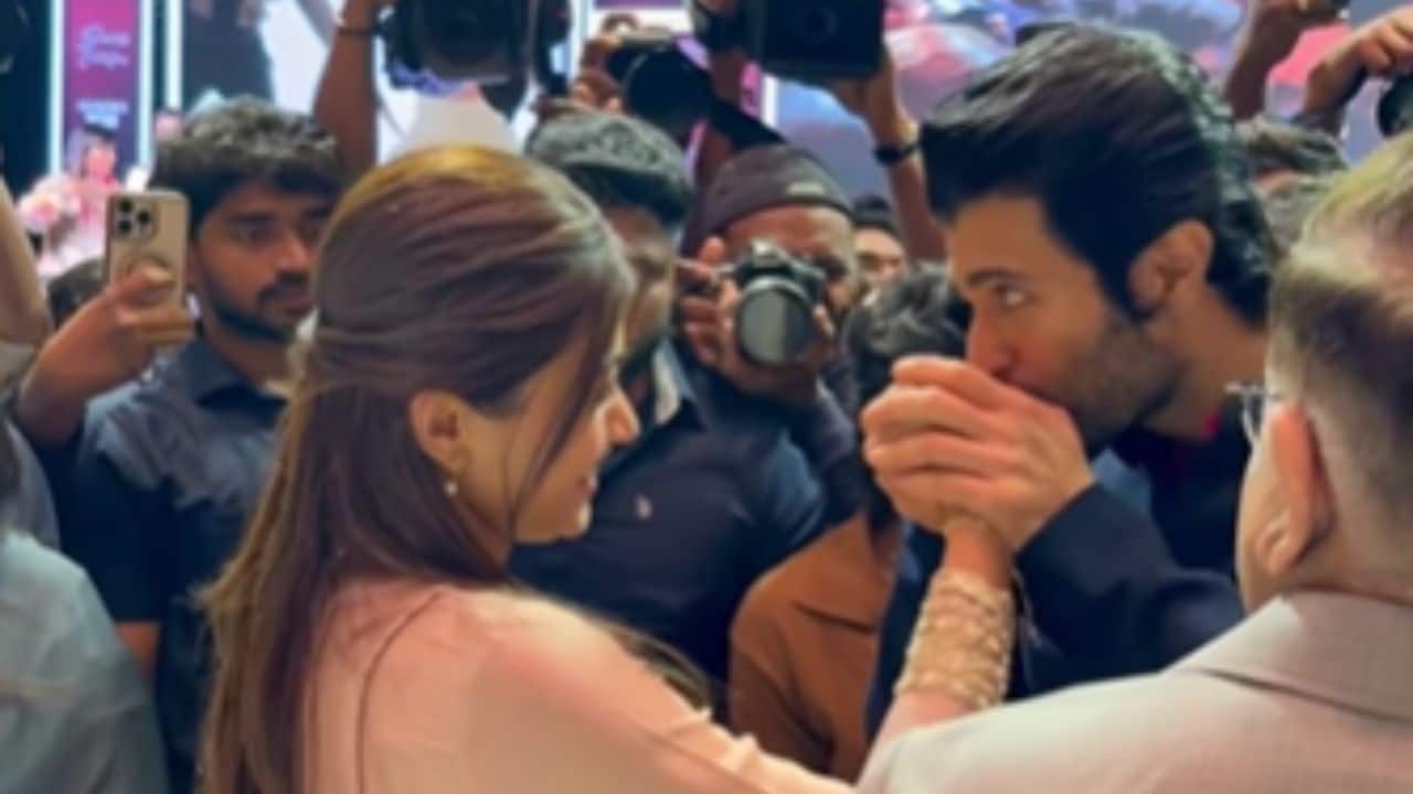 Vijay Deverakonda kisses Rashmika Mandanna's hand as he joins her to celebrate the success of The Girlfriend