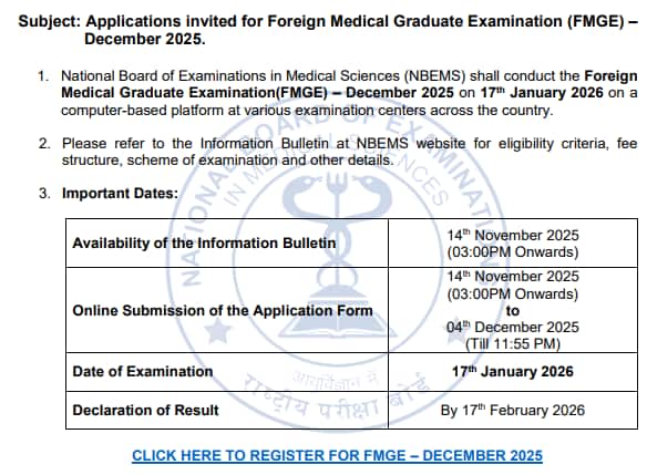 FMGE December 2025 notification released @ natboard.edu.in, registration starts tomorrow