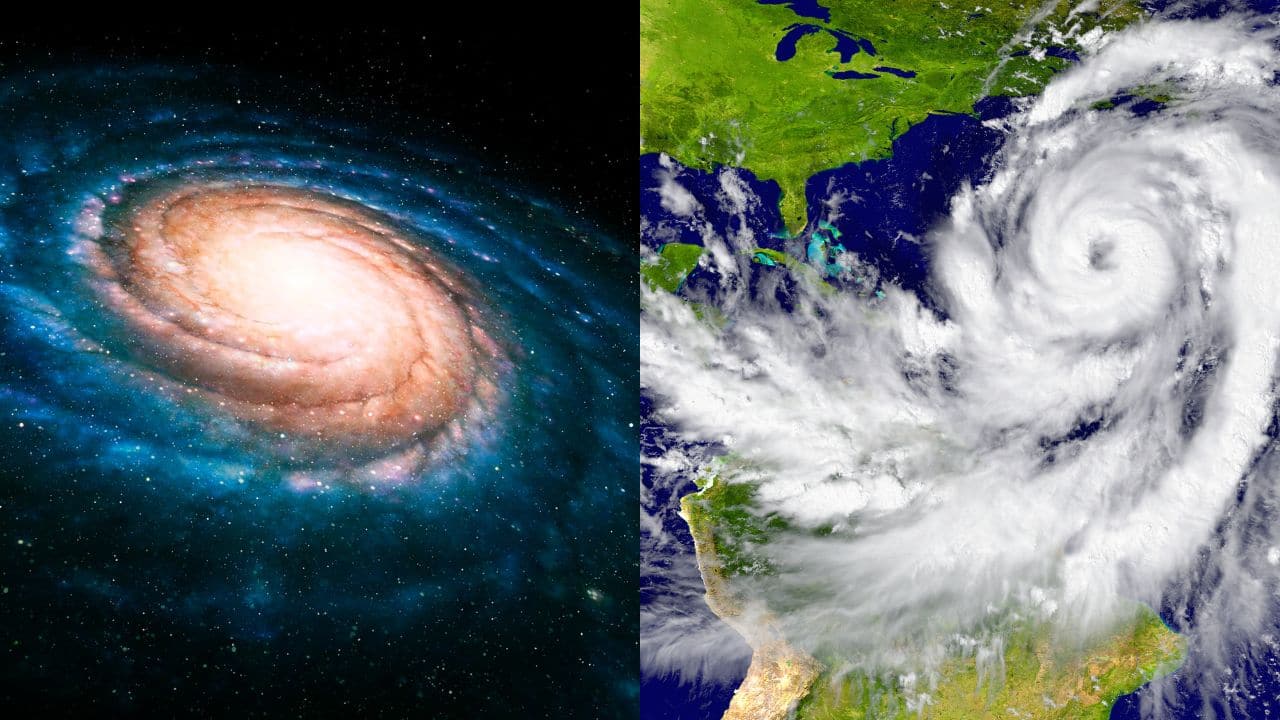 Galaxy – Hurricane: A swirling hurricane seen from space looks strikingly like a distant spiral galaxy, revealing how nature’s turbulence echoes across Earth and the cosmos. (Image: Canva) Galaxy – Hurricane: A swirling hurricane seen from space looks strikingly like a distant spiral galaxy, revealing how nature’s turbulence echoes across Earth and the cosmos. (Image: Canva)