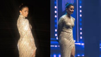 green emerald velvet dress Alia Bhatt in Golden Sequin Work Saree