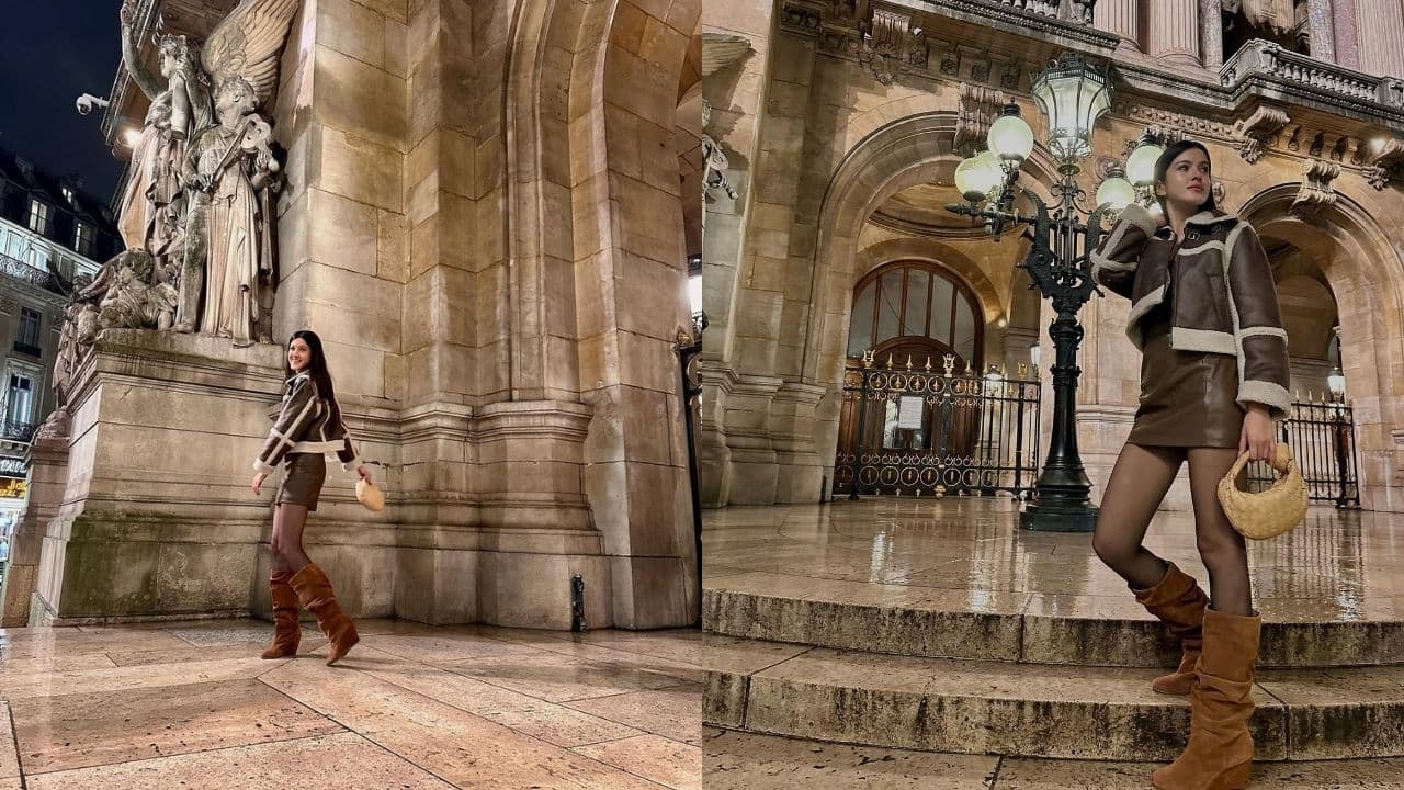 Shanaya Kapoor Wearing a brown leather minidress over a brown and cream shearling jacket, Shanaya makes a bold statement. She adds a beige purse and brown suede boots to finish the ensemble, which instantly evokes the spirit of vintage winter. This ensemble is ideal for a cool gathering because of its blend of textures and natural hues. Shanaya's style epitomises winter glam—effortless, well-coordinated, and elegant.