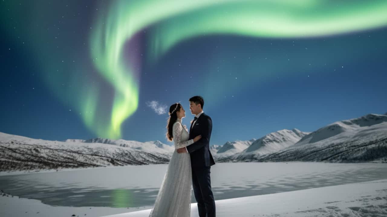 9. Tromsø, Norway For those who crave something extraordinary, the Arctic Circle delivers pure magic. In Tromsø, the Northern Lights swirl in emerald, violet, and sapphire ribbons across starry winter skies, enveloping your portraits in a cosmic glow. It’s a setting that feels enchanted, rare, and truly once-in-a-lifetime.