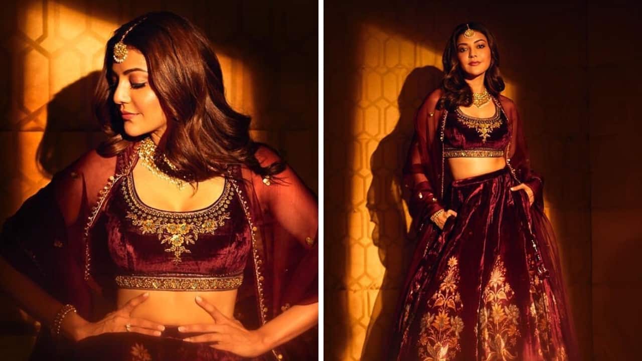 <strong>Kajal Aggarwal</strong><br />Not just suits and sarees — a velvet lehenga is just as glamorous a pick. Kajal stuns in a wine-hued number with breathtaking gold embroidery on the skirt and blouse. This one’s totally steal-worthy for the wedding season. (Picture Credit: Instagram)