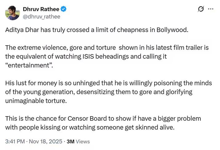 Dhruv Rathee slams Aditya Dhar’s Dhurandhar; compares its violence to ISIS videos saying the director 'is willingly poisoning the young minds'