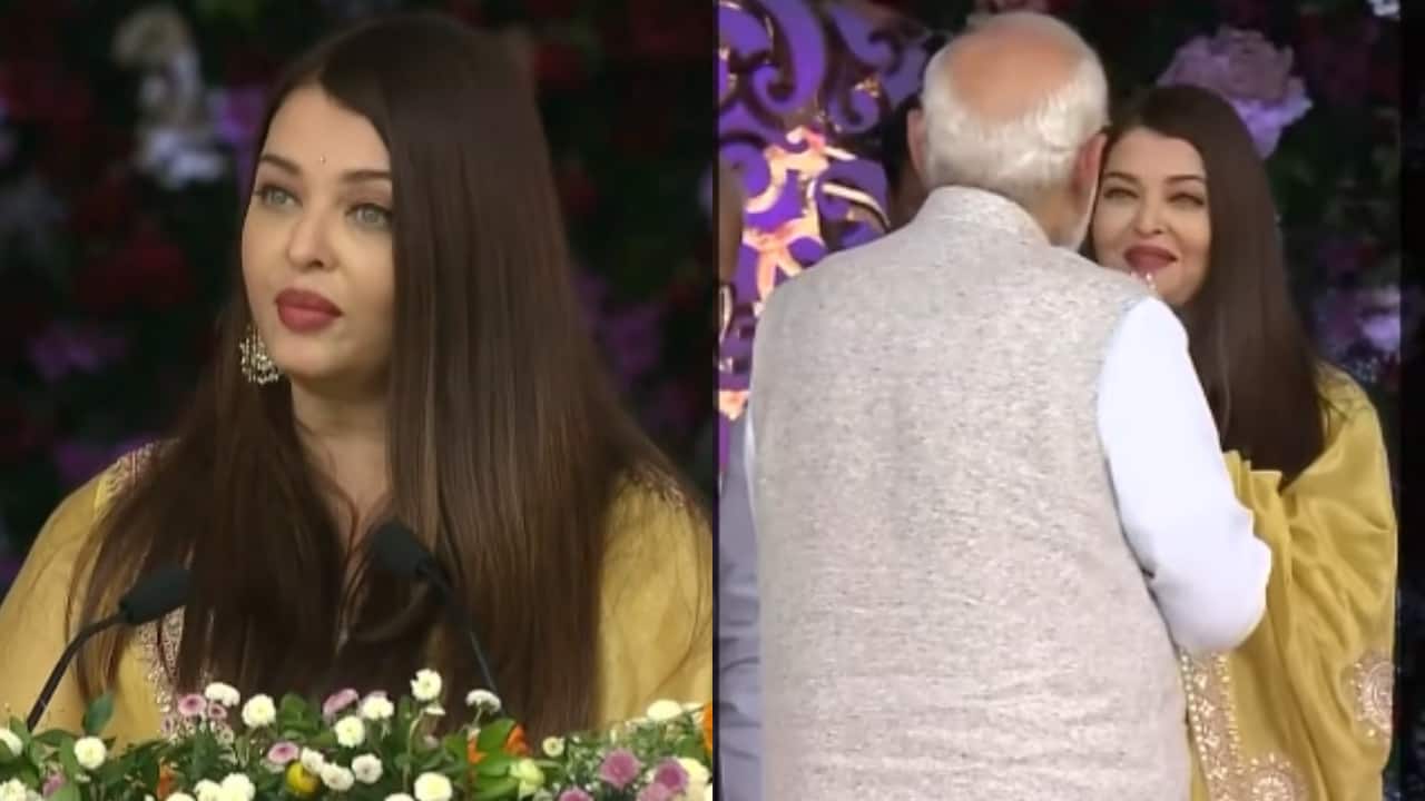 Aishwarya Rai touches PM Narendra Modi’s feet during Sathya Sai Baba centenary event in Puttaparthi