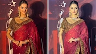 <strong>Glam golds and reds</strong><br />Manika looks glamorous as ever in this red drape, which stands out for its glamorous gold-bronze work. While the saree is stylish, the blouse adds extra glitter and charm with its modern design. Manika’s tiered jhumkas and choker are breathtaking too.