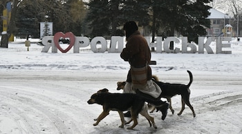 A man with dogs walks past a "I love Rodynske" sign on an empty street of the town of Rodynske, near Pokrovsk in the Donetsk region on February 24, 2025, on the third anniversary of Russia's full-scale invasion of Ukraine. (Photo by Genya SAVILOV / AFP)
