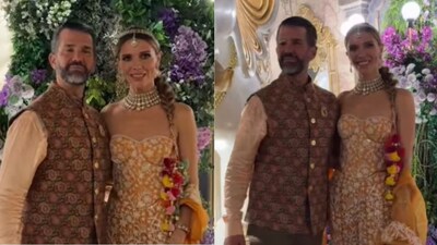 Donald Trump Jr. and Bettina Anderson arrive at mehendi night at Udaipur’s viral wedding of Netra Mantena and Vamsi Gadiraju; watch