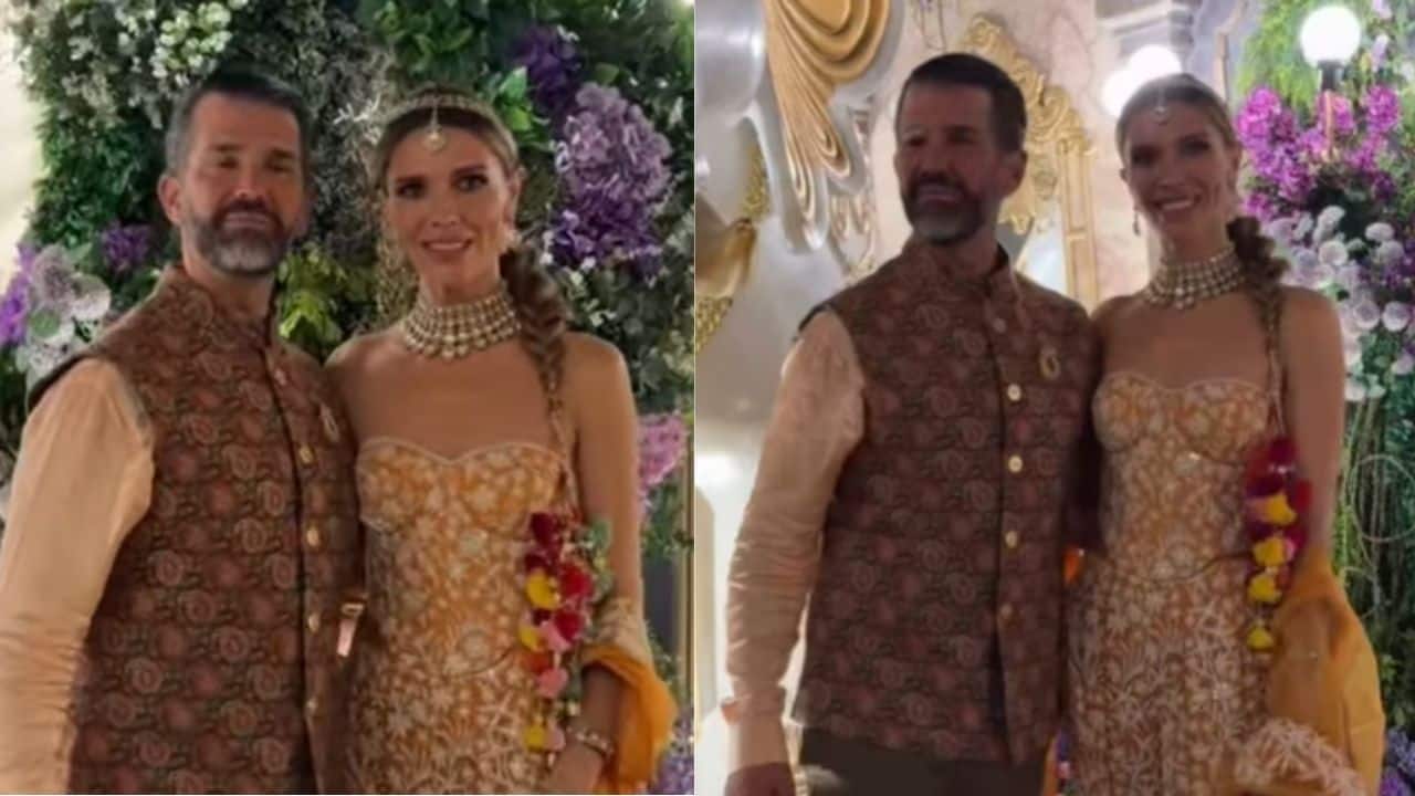 Donald Trump Jr. and Bettina Anderson arrive at mehendi night at Udaipur’s viral wedding of Netra Mantena and Vamsi Gadiraju; watch