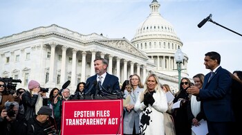Thomas Massie speaks during a news conference on the Epstein files outside the US Capitol on November 18. Bloomberg