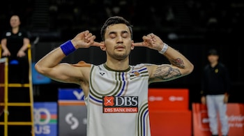 Lakshya Sen celebrated the moment by putting his fingers in his ears (Badminton Photo)