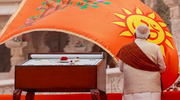 Prime Minister Narendra Modi during the Dhwajarohan ceremony at the Ram Temple in Ayodhya. (PTI)
